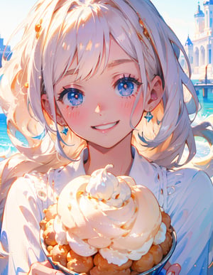 Masterpiece, Top quality, High definition, Artistic composition, One girl, eating cream puffs, cream around mouth, smiling, close-up of face, light blue clothing