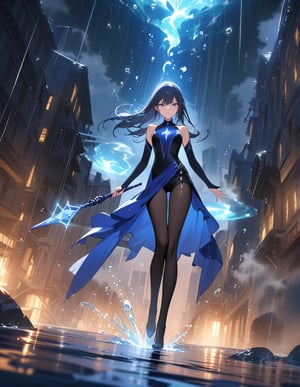 (Masterpiece, Top Quality), High Definition, Artistic Composition, 1 Woman, Blue Wizard, Slender Costume, Cool Magic Wand, Glowing, Serious Face, Standing on Feet, Standing on Toes, Ruined Building District, Water Gushing Out, Water Drops and Light Dancing, Manipulating Water, In Battle, Heavy Rain, Water Smoke, Water Dragon