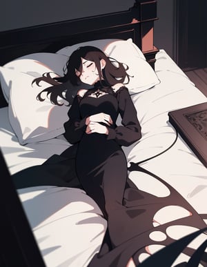 (masterpiece, top quality), high definition, artistic composition, 1 girl, dark hair, gothic, sleeping on bed, suffering, sweating, from above, (devil standing beside), frightening, horror, dark, overhedshot, devil image