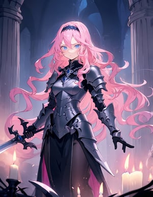 (masterpiece, top quality), high definition, artistic composition, 1 girl, pink wavy hair, hair band, slender jet black armor, blue eyes, from front, standing tall, sword in both hands, chin drawn, glaring, dungeon, darkness, candlelight, perspective, fantasy, mature