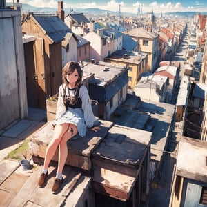 Masterpiece, top quality, 1 girl, 13 years old, girl, plain clothes, country girl, sitting on roof, retro cityscape below, high definition, artistic composition, retro, beautiful light, wide angle