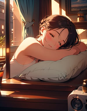 Masterpiece, Top Quality, High Definition, Artistic Composition,1 girl, living room, sleeping with face on table, (retro radio on table), sleeping with eyes closed, warm light, loungewear, hair tied back, pleasant