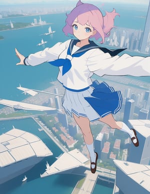 (masterpiece, top quality), high definition, artistic composition, 1 girl, sailor uniform, school uniform, flying, floating in air, city, from above, body twisting, flying pose, perspective, building city, surreal, fantasy