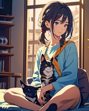  Masterpiece, Top Quality, High Definition, Artistic Composition, 1 female, (operating gamepad), playing video game, indian style, sitting on living room couch, (holding cat), from above, excited, smirking, focus on face, looking away, leaning forward, animation,masterpiece,<lora:659111690174031528:1.0>