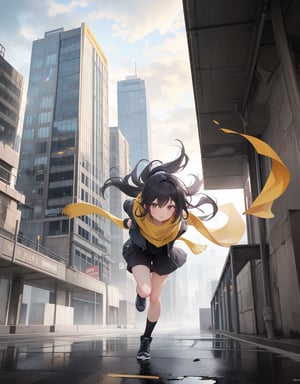 (masterpiece, top quality), high definition, artistic composition, 1 girl, leaning forward, running, action pose, long yellow scarf blowing in the wind, hair tied on head, skyscraper city, ruins, broken road, cloudy, dark, dramatic, smoking