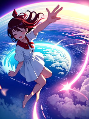 Masterpiece, Top Quality, 1 girl, flying, eyes closed, open mouth smiling, magic circle, white dress, hand out, barefoot, beautiful nature, retro cityscape, fisheye lens, high definition, artistic composition, composition from above, emphasis on legs, full body, action pose, big red ribbon, blurred distant view, motion blur,<lora:659111690174031528:1.0>