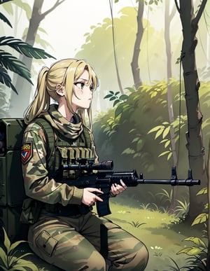 (masterpiece, top quality), high definition, artistic composition, 1 girl, camouflage, blonde hair, bunched back, dirty face, tired, staring at ground, holding machine gun, sitting down, dark jungle, dark green, dramatic, guerilla, looking away