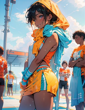 Masterpiece, Top Quality, High Definition, Artistic Composition, One girl, front view, track, cyan and orange sportswear, smiling, sweating, sports towel, (wiping sweat off with towel), looking away, short hair, bold composition