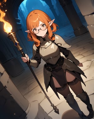 Masterpiece, Top Quality, High Definition, Artistic Composition,1 girl, warrior, scared, orange curly hair, big round rimmed glasses, elf, freckles, fantasy, dark dungeon, holding torch, khaki light armor, Dutch angle, stoop