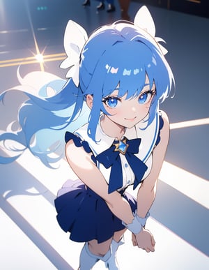 (masterpiece, top quality), high definition, artistic composition, 1 girl, 1980s idol fashion, anime, big bow tie with brooch, white two-socks, gravure pose, stage, backlight, light reflected on floor, from above, smirk, knee high boots, Sleeveless, blue hair