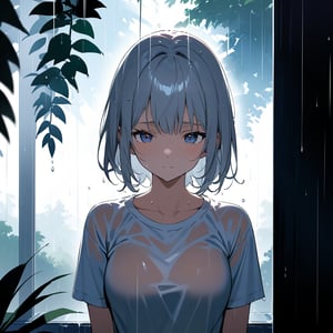 Masterpiece, Top Quality, High Definition, Artistic Composition,1 woman, sad face, bust shot, wet, raining, silver hair, blue eyes, wet t-shirt, backlit, light shining, beautiful trees green, high contrast