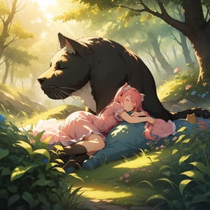  (masterpiece, top quality), high definition, artistic composition, 1 girl, ugly huge cat sleeping, girl sleeping on that cat, little girl, pink dress, twin tails, in the forest, beautiful sunlight, fantasy, animation