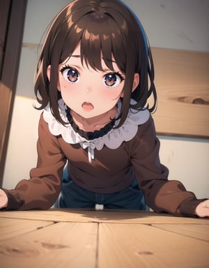 (Masterpiece, Top Quality), High Definition, Artistic Composition, 1 Girl, Animated, On All Fours, Close-up of Face, Surprised, Brown Hair, Wavy Hair, Stupid Hair, Child Clothes, Dutch Angle, From Front