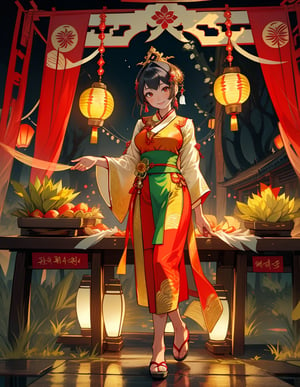 (masterpiece, top quality), high definition, artistic composition, 1 woman, Southeast Asian folk costume, smiling, Southeast Asian festival night, food stall, lantern light, exotic, girlish gesture, dramatic