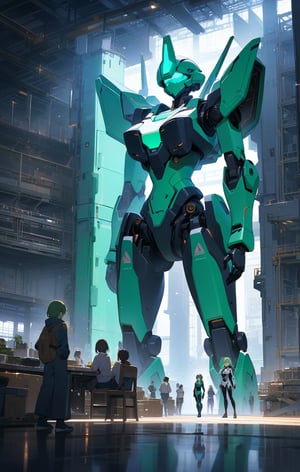 Masterpiece, Top Quality, High Definition, Artistic Composition, One Girl, White Pilot Suit, Body Suit, Android Style, Glowing Purple, Science Fiction, Sitting, Smiling, Greeting, Looking Away, Waving, Sweating, Blue-Green Hair, Inside Factory, Warehouse, People Working, Wide Shot, Japanese Anime Style people working, part of giant mecha in background, wide shot, Japanese anime style