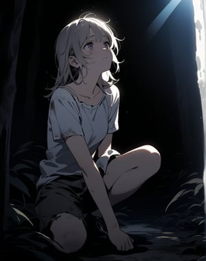 (masterpiece, top quality), high definition, artistic composition, 1 girl, dirty face, sad, tired, looking away, looking up to heaven, hand on shoulder, down on one knee, dirty, shabby clothes, shabby hair, deep in forest, light shining, striking light, spotlight on face, dramatic, high Contrast