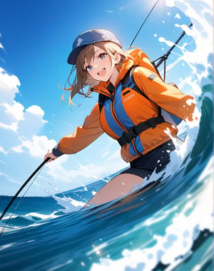 (masterpiece, top quality), high definition, artistic composition, 1 woman, fishing on a boat, smiling, life jacket, fisherman's cap, powerful, splashing waves, open mouth smile, Dutch angle, dramatic