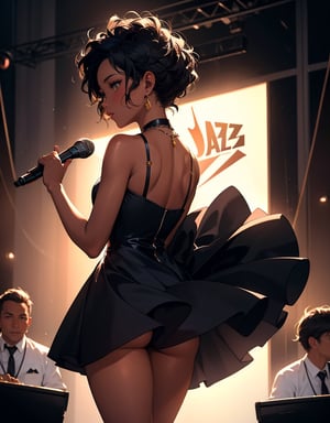 Masterpiece, top quality, high definition, artistic composition, 1 woman, International Jazz Day, jazz singing on stage, spotlight, jazz, microphone, bold composition, striking light, looking away, dark skinned woman, back band, sexy, mature, chic dress,photograph