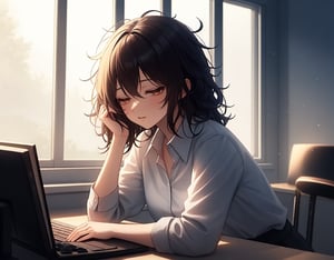 (masterpiece, top quality), high definition, artistic composition, 1 woman, collared cutter shirt, stylish office, looking at computer on desk, sleepy, messy hair, morning, white light shining through, window seat, all night, expressionless, striking light, dramatic