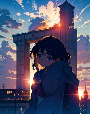  Masterpiece, Top Quality, High Definition, Artistic Composition, 1 girl, sailor uniform, school uniform, Japan, school uniform, worried, bust shot, hand held out in front, backlight, striking sky color, crouching, peeking, Japanese cityscape,<lora:659111690174031528:1.0>