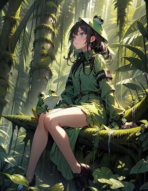 (masterpiece, top quality), high definition, artistic composition, 1 girl, in rainforest forest, wearing green stuffed frog, sitting with legs spread, looking up to heaven, comical, cute