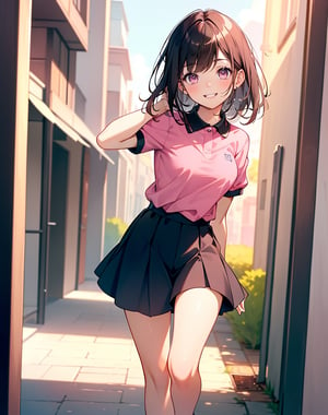 (masterpiece, top quality), high definition, artistic composition, 1 girl, dark hair, pink polo shirt, from the front, walking, puffy bangs, smiling, tilting head, girlish gesture, young lady, walking, thin eyes