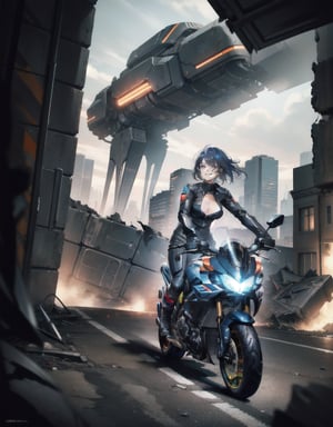 (masterpiece, top quality), high definition, artistic composition, 1 woman, black hair, smiling, driving a large motorcycle, black and blue rider suit, black and orange motorcycle, futuristic, front view, dynamic, Fast, Ruined City, Crumbling Buildings, Bold Composition, Dutch Angle, Science Fiction, Motion Blur, Perspective