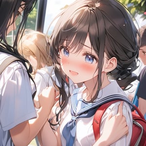 Masterpiece, Top Quality, One Woman, Shrugging, Flat chest, Happy, Blushing, Fidgeting, Hands crossed in front of body, Looking down, Black hair, Busy hair, White sailor suit, Summer dress, School uniform, Top composition, Face close-up, High definition, Japan, Schoolbag, Head being patted, Black pantyhose, Tears in eyes,best quality