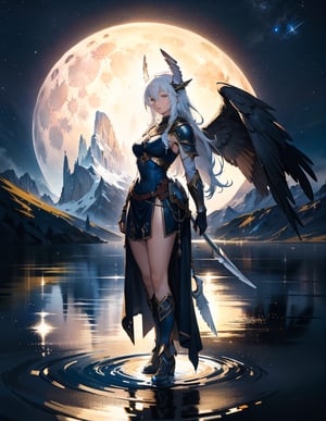 (masterpiece, top quality), high definition, artistic composition, 1 female, divine, large moon, reflection in water, cold, impressive light, fantasy, Norse mythology, descent, Valkyrie
