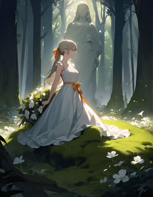 Masterpiece, Top quality, High definition, Artistic composition, One girl, holding a bouquet of white flowers, from the side, Dirty white dress, Orange ribbon, Looking away, Statue of a brave man on moss, In the forest, Light shining, Impressive light, Dramatic, Fantasy
