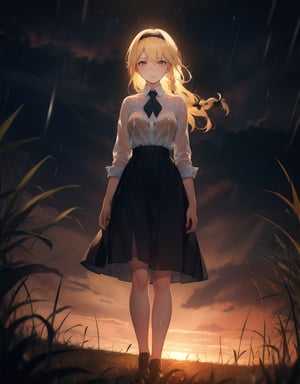 (Masterpiece, Top Quality), High Definition, Artistic Composition, 1 girl, dusk, raining, standing, wet in the rain, blonde hair, braids, large hair band, from the front, country road, incandescent electric light, striking light, cold, lonely, sad, large field