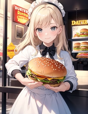 Masterpiece, Top Quality, High Definition, Artistic Composition,1 girl, offering hamburger in hand, smiling, hamburger store, date, POW, portrait