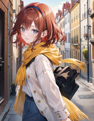 Masterpiece, Top Quality, High Definition, Artistic Composition,1 Girl, French Girl, (light brown medium hair), One Curl Outer Winding, (red hair band), big eyes, smiling, red and yellow French casual, yellow scarf, French town, walking, portrait, blue eyes, cowboy shot.