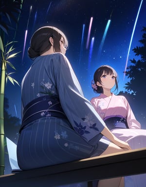 Masterpiece, Top quality, High definition, Artistic composition, 2 girls, yukata with floral pattern, sitting, looking away, talking, from below, starry sky, shooting star, Tanabata, night, bamboo branches, strips of paper