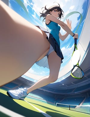 (Masterpiece, Top Quality), High Definition, Artistic Composition, 1 Woman, Tennis Wear, Tennis Court, Waving Tennis Racket, Long Limbs, Stylish, Action Pose, From Below, Bold Composition, Dynamic, Perspective, Dramatic