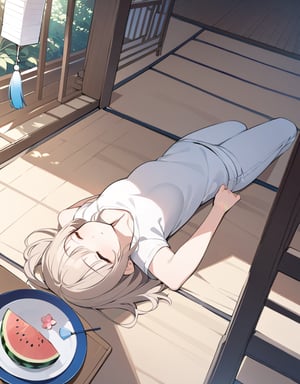 (Masterpiece, Top Quality), High Definition, Artistic Composition, 1 girl, lying on floor with eyes closed, from above, white t-shirt, easy pants to knees, Japan, porch, fan, summer, wind chimes, portrait, watermelon on plate, Dutch angle, sleepy