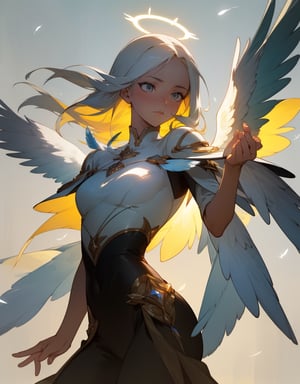 (masterpiece, top quality), high definition, artistic composition, 1 woman, angel, looking down, holding out her hand towards me, close-up of fingers, beautiful light, halo, rainbow, beautiful angel feathers, calm eyes, dancing bird feathers, dramatic, striking light, moody