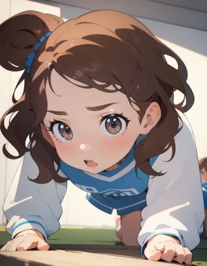 (Masterpiece, Top Quality), High Definition, Artistic Composition, 1 Girl, Animated, On All Fours, Close-up of Face, Surprised, Brown Hair, Wavy Hair, Stupid Hair, Child Clothes, Dutch Angle, From Front