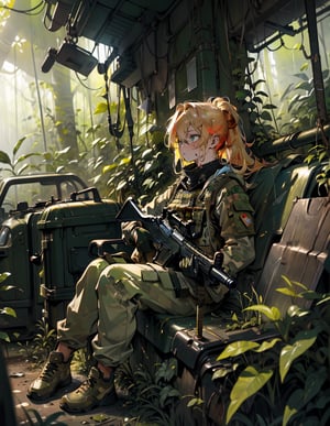 (masterpiece, top quality), high definition, artistic composition, 1 girl, camouflage, blonde hair, bunched back, dirty face, tired, staring at ground, holding machine gun, sitting down, dark jungle, dark green, dramatic, guerilla, looking away