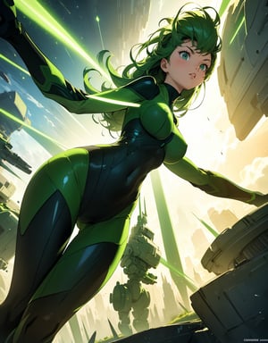 (masterpiece, top quality), high definition, artistic composition, 1 girl, green hero suit, cartoon, looking away, standing tall with arms stretched upward, powerful composition, from below, bold composition, emphasis on legs, large ball of light overhead, lively, Dutch angle, stretched back, in battle

