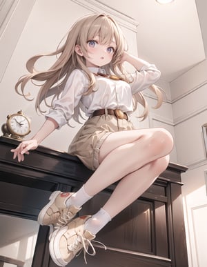 (masterpiece, top quality), high definition, artistic composition, 1 woman, khaki shorts, vermilion sneakers, white socks, beige cotton shirt, floating in air, from below, hands and feet spread, sepia background, large pocket watch image in background, bold composition, Dutch angle, Fantasy, chestnut hair, short wavy hair, cheerful