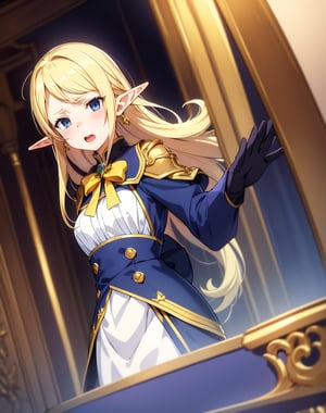 (masterpiece, top quality), high definition, artistic composition, 1 girl, elf, navy blue jacket, cream yellow shirt, gold earrings, blonde hair, long hair, big blue ribbon, disgusted face, scared, mouth open, face turned away, looking sideways, waving hands, fantasy, cartoon, from front, sweat