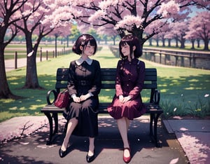 Masterpiece, top quality, high quality, artistic composition, two women, sitting on bench, standing, one laughing, one angry, having conversation, spring coordination, cherry blossom trees, cherry blossoms in full bloom, petals dancing, wide shot, looking away, bold composition,<lora:659111690174031528:1.0>