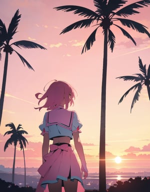 (masterpiece, top quality), high definition, artistic composition, 1 girl, 15 years old, pink magical girl, from behind, palms together in front of chest, looking away, from behind, back visible, sunset, backlit, dirty, tired, suspicious sky color