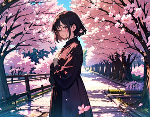  Masterpiece, top quality, high quality, artistic composition, one woman, childish, large dark rimmed glasses, plain dark hair, shy smile, looking away, cute gesture, blush, side view composition, plain clothes, cherry blossom trees, in full bloom, petals dancing, warm light, dramatic, POW, date, crowded, flirty eyes, animation, face down, top half body,<lora:659111690174031528:1.0>