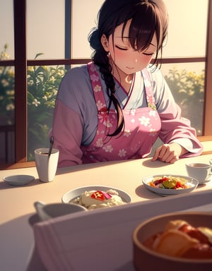 Masterpiece, Top Quality, High Definition, Artistic Composition, One mother, dark hair, hair tied back, pink floral apron, light blue loungewear, sitting in chair, eyes closed, asleep, tired, breakfast on table, Japanese dining room, warm sunlight, morning, side From, portrait, animation