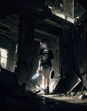 (masterpiece, top quality), high definition, artistic composition, 1 girl, 15 years old, scared, tears in her eyes, (holding flashlight), darkness, in ruins, t-shirt, shorts, frightening, terror, pitch dark, jet black, dark background