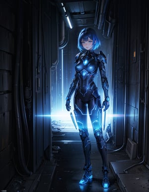 Masterpiece, Top Quality, High Definition, Artistic Composition, 1 girl, black combat bodysuit, android-like armor, shining blue, steel, near future, science fiction, composition from front, Niobe, darkness, abandoned factory, blending into darkness