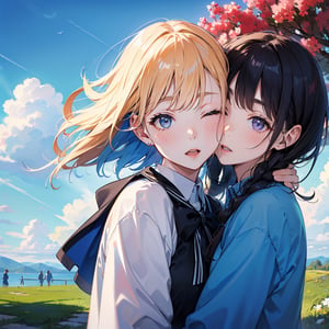 Masterpiece, Top quality, High definition, Artistic composition, Two girls, Friend, Kissing cheek, Surprised, Side view, Park, Blue sky, Below