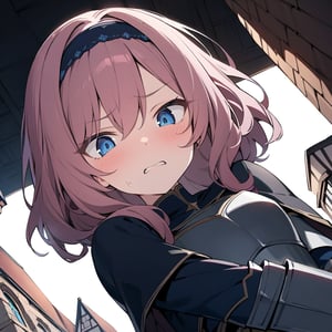 (masterpiece, top quality), high definition, artistic composition, 1 girl, pink wavy hair, hair band, armor, blue eyes, disgusted face, gritted teeth, sweating, close-up of face, from below, fantasy, brick building, looking down